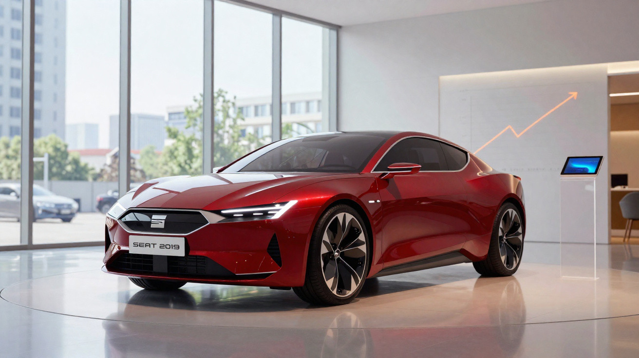 Roter Seat 2019 Sportwagen mit schwarzem Dach in modernem Ausstellungsraum vor Fensterfront.