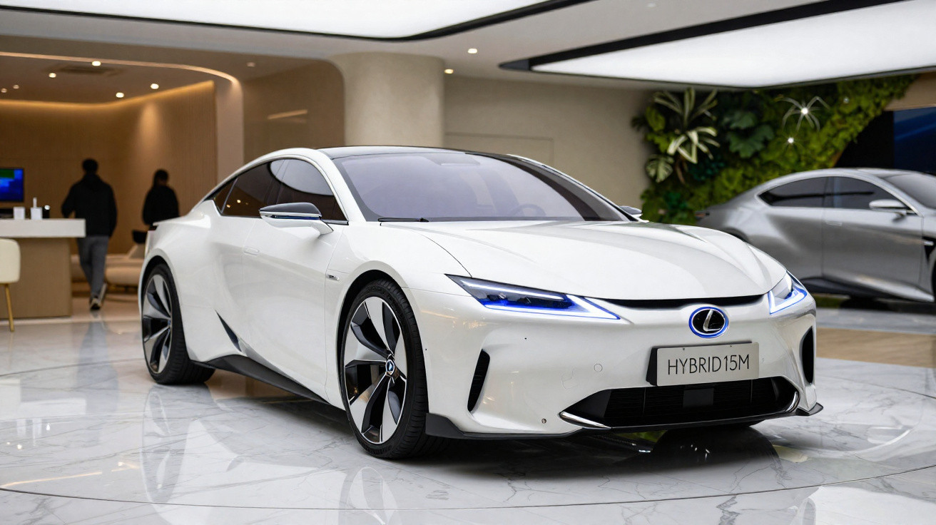 Weißes Lexus Hybrid-Sportcoupé in modernem Showroom mit Pflanzenwand und glänzendem Marmorboden.