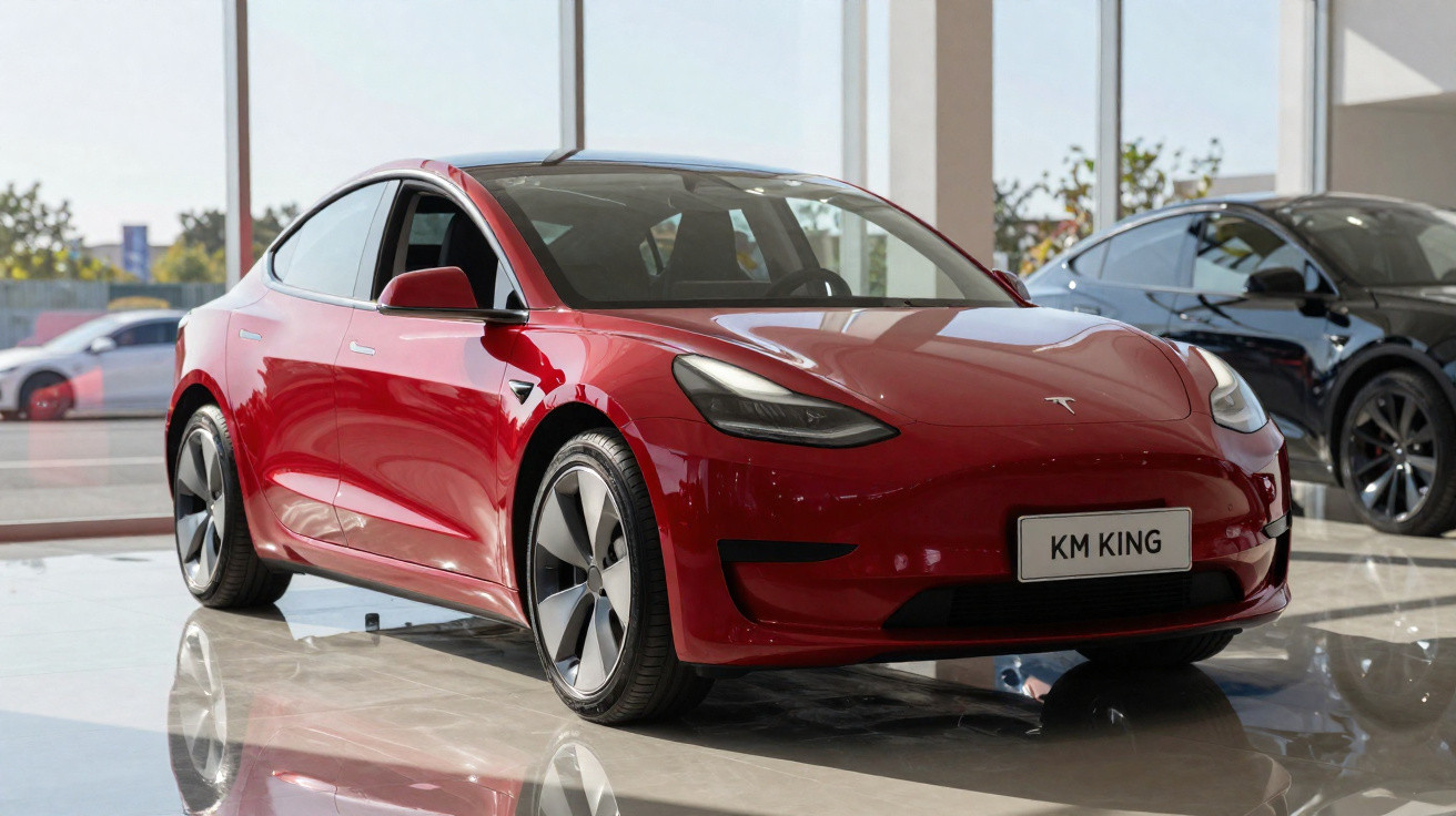 Roter Tesla Model 3 Limousine im Autohaus auf glänzendem Boden, seitliche Frontansicht.