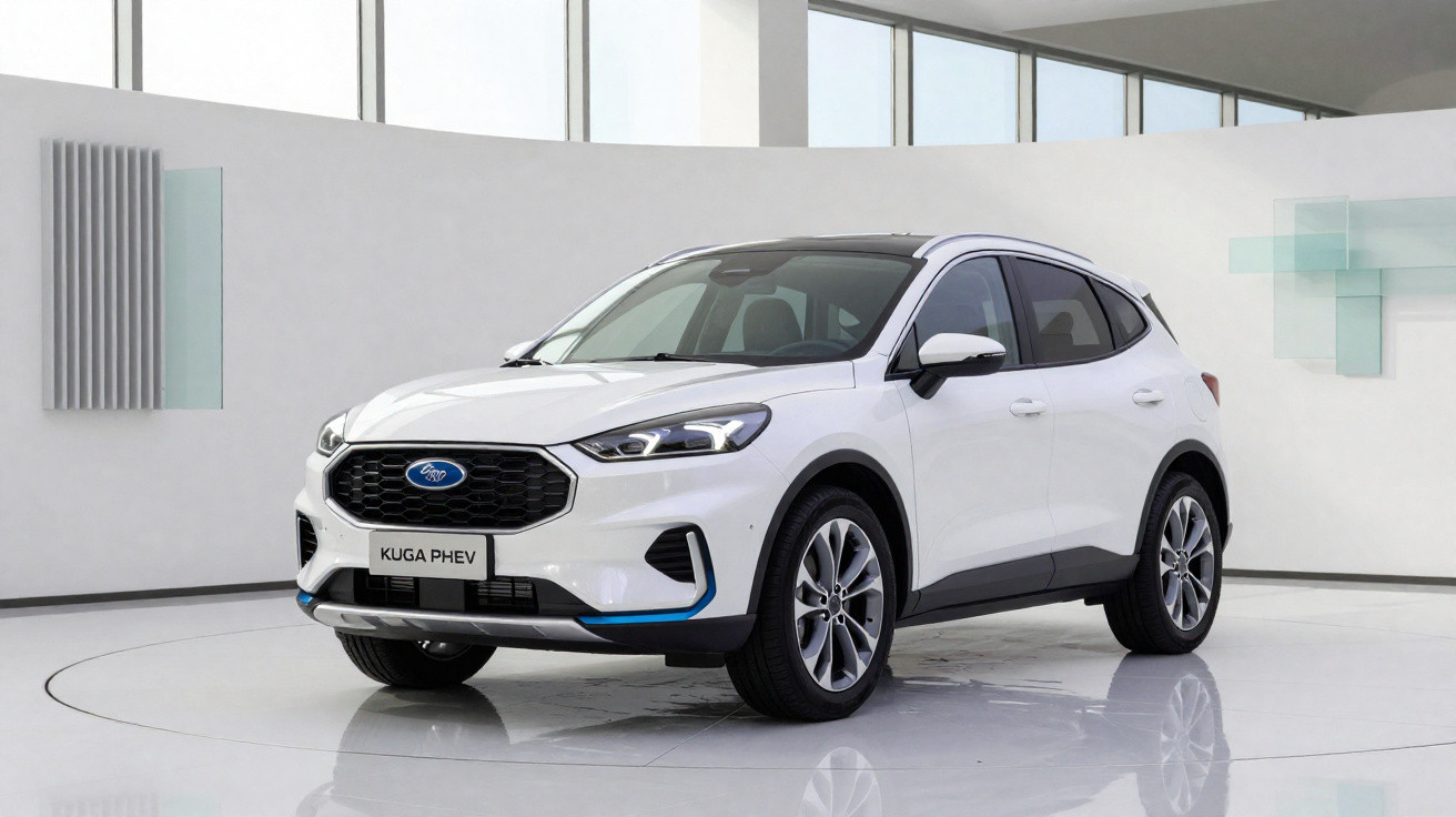Weißer Ford Kuga PHEV SUV in modernem, hellem Ausstellungsraum mit großen Fenstern und minimalistischer Einrichtung.