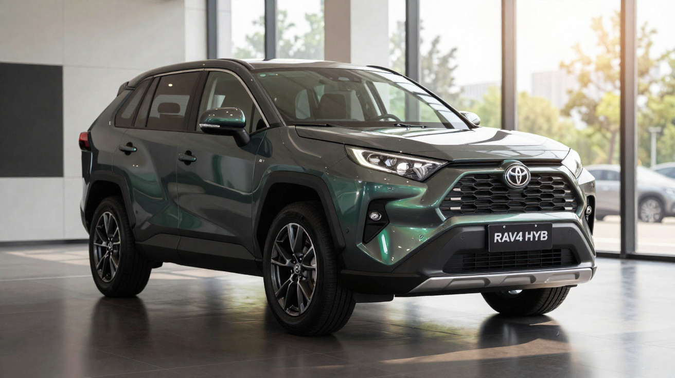 Dunkelgrüner Toyota RAV4 Hybrid SUV steht in modernem Showroom mit großen Fenstern im Hintergrund.