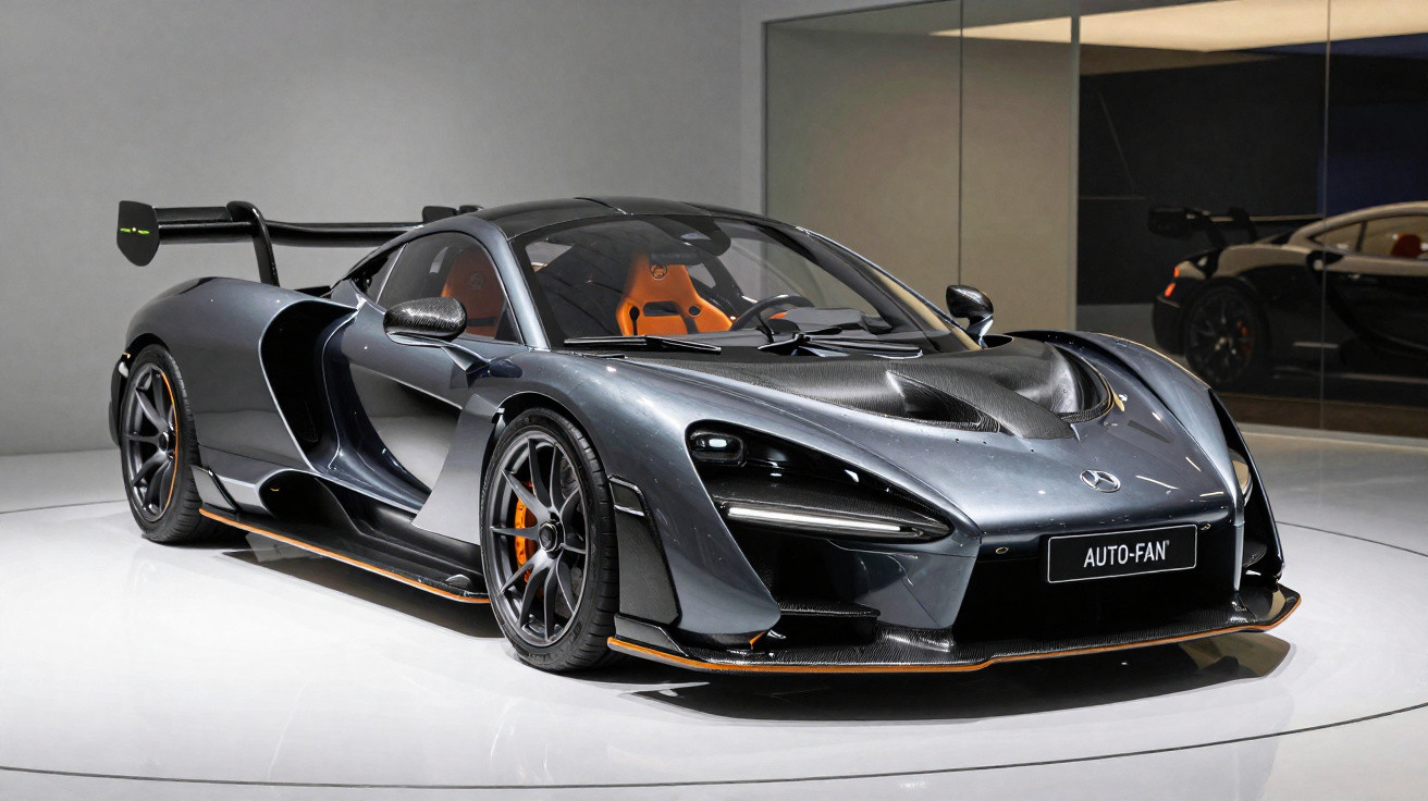 Sportlicher grauer McLaren Supersportwagen mit auffälligem Heckflügel und orangen Details in Ausstellungshalle