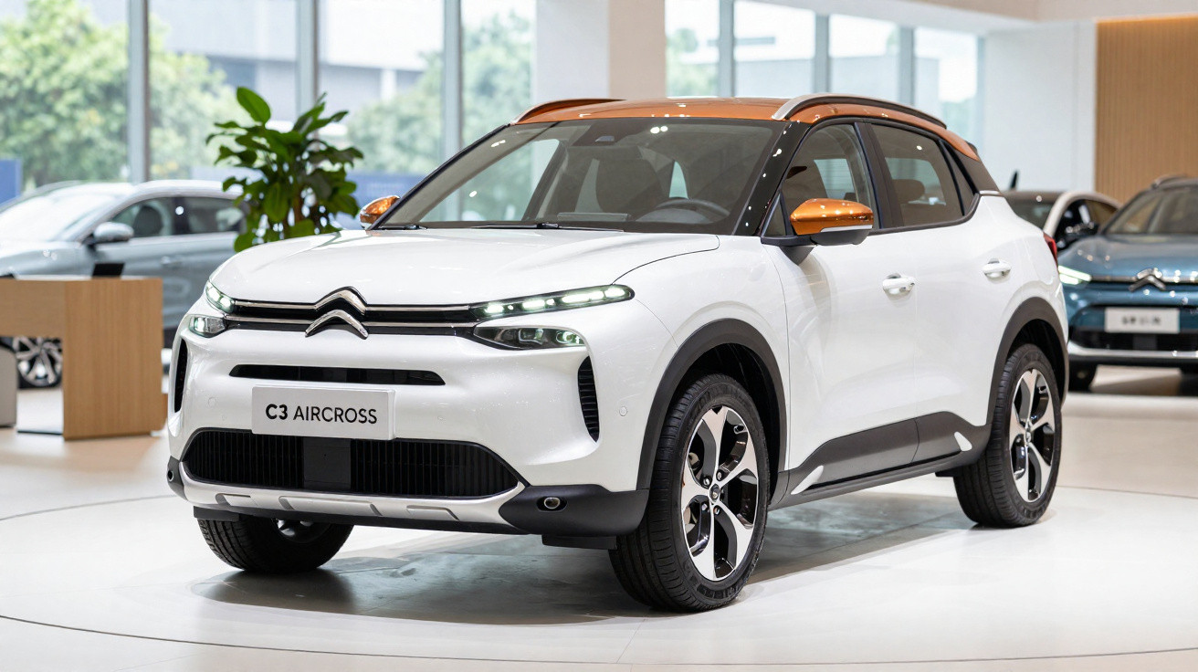 Weißer Citroën C3 Aircross SUV mit orangen Akzenten in modernem Autohaus präsentiert.
