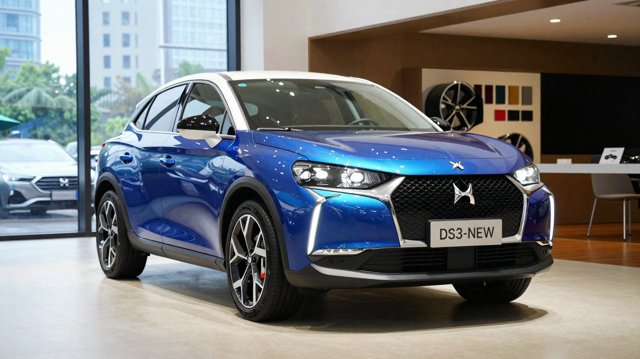 Blau-weißes DS 3 SUV im Autohaus, Front-3/4-Ansicht, modernes Design mit markantem Kühlergrill.
