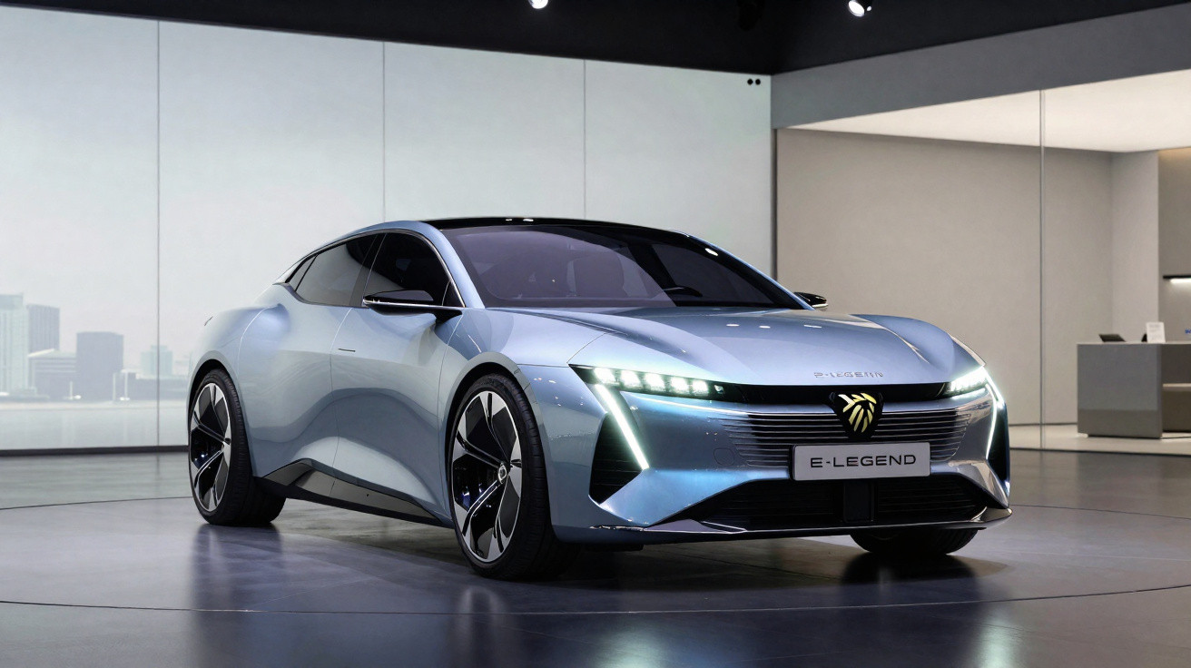 Silberblaues Elektroauto Peugeot E-Legend mit LED-Scheinwerfern in modernem Ausstellungsraum.