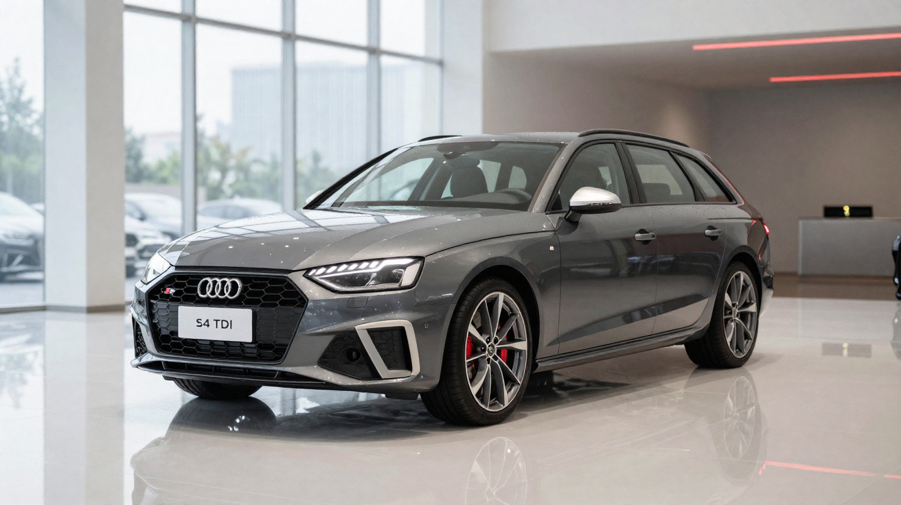 Grauer Audi S4 TDI Kombi in einem hellen, modernen Autohaus auf glänzendem Boden.