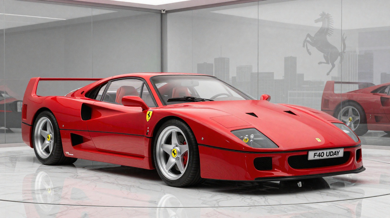 Roter Ferrari F40 Sportwagen in einer modernen Ausstellungshalle mit Glaswänden und Spiegelungen.