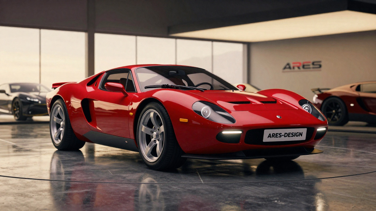 Roter Sportwagen im Showroom mit glänzendem Lack und futuristischem Design von ARES-DESIGN.