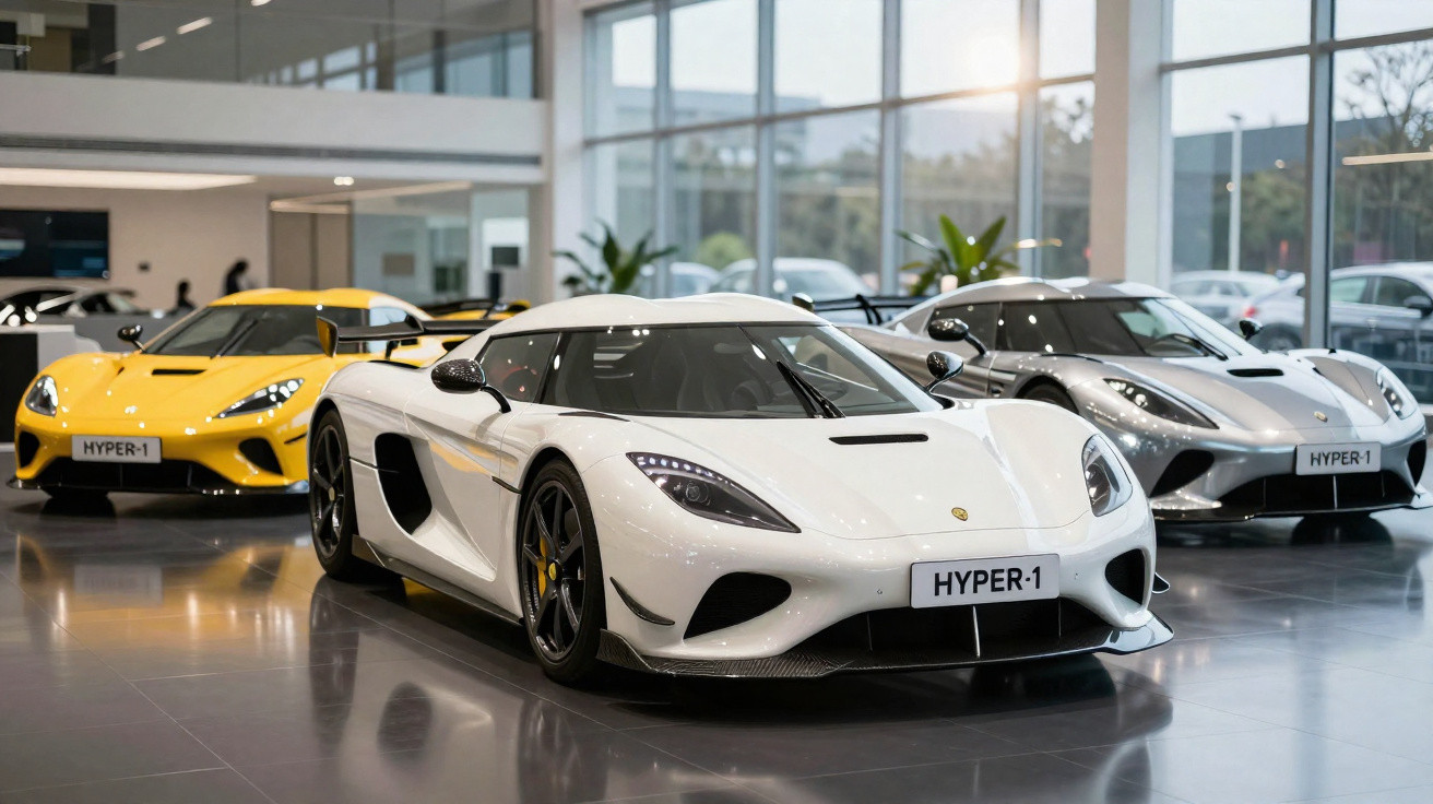 Drei Koenigsegg Hypercars in Weiß, Gelb und Silber stehen in einem modernen Autohaus.