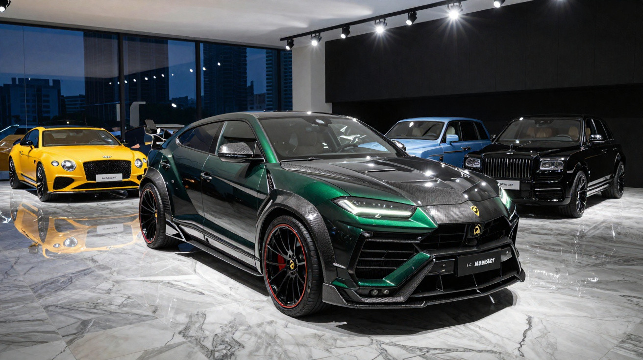 Luxuriöse Sportwagen, darunter ein grüner Lamborghini, ein gelber Bentley und zwei weitere Modelle, in einem modernen Showroo