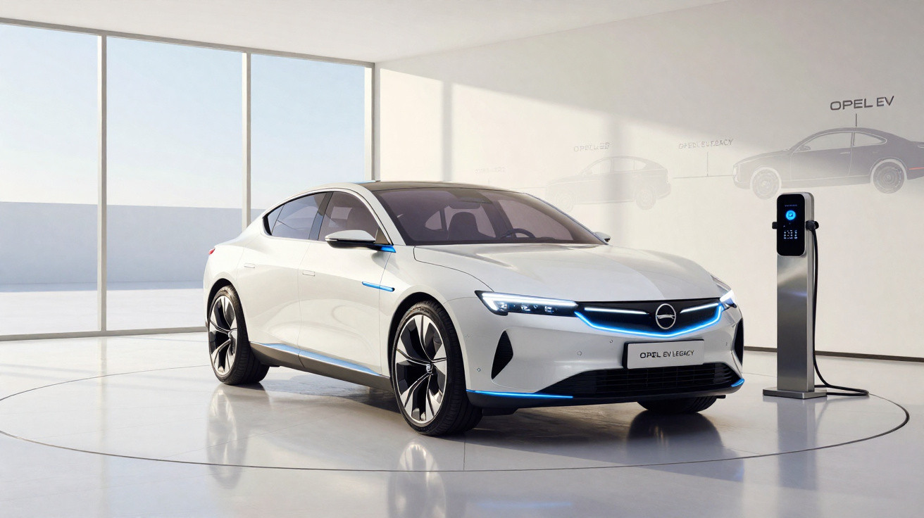 Weißes Opel Elektroauto an Ladestation in hellem Ausstellungsraum mit großen Fenstern.
