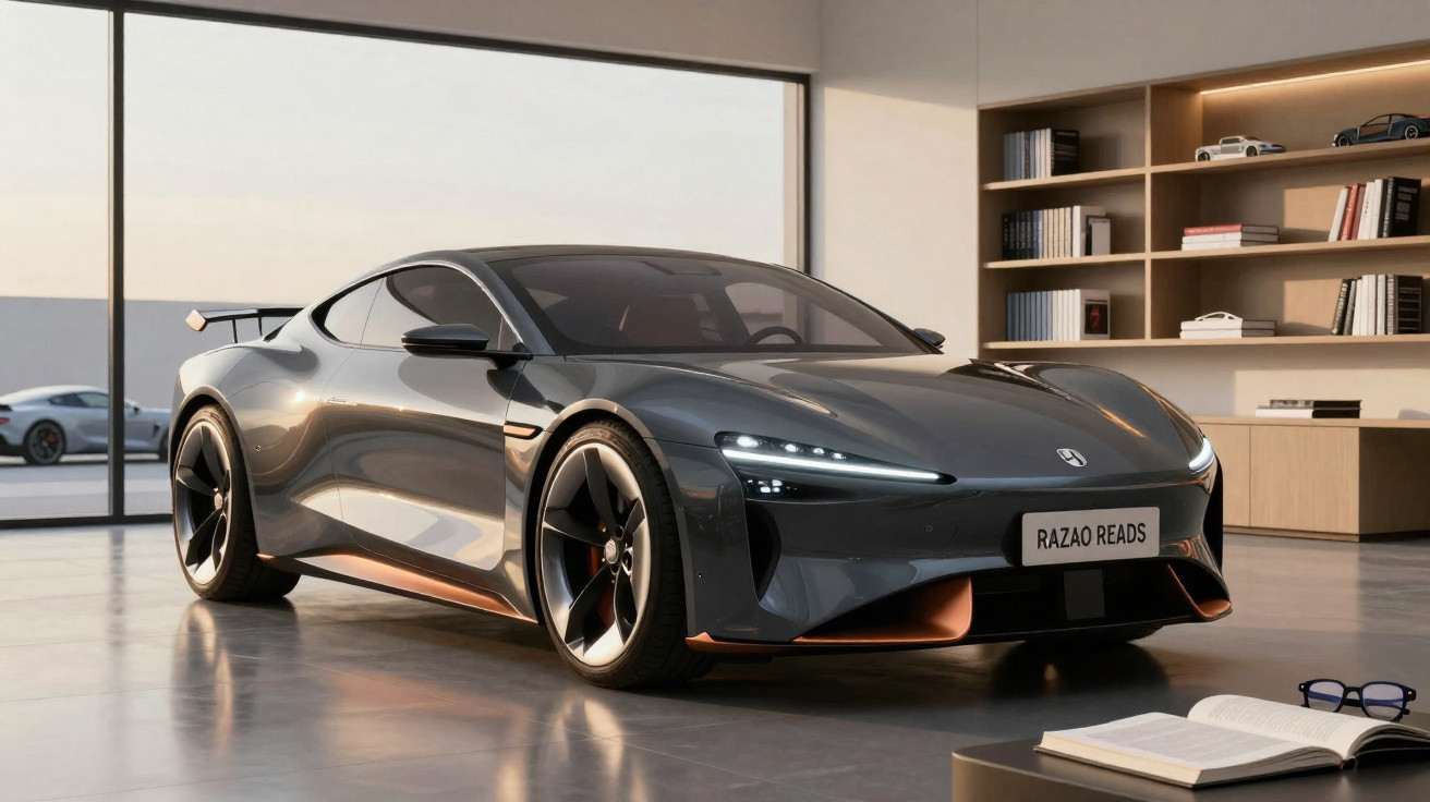 Sportliches graues Elektroauto in modernem Loft mit großem Fenster und Bücherregal im Hintergrund.