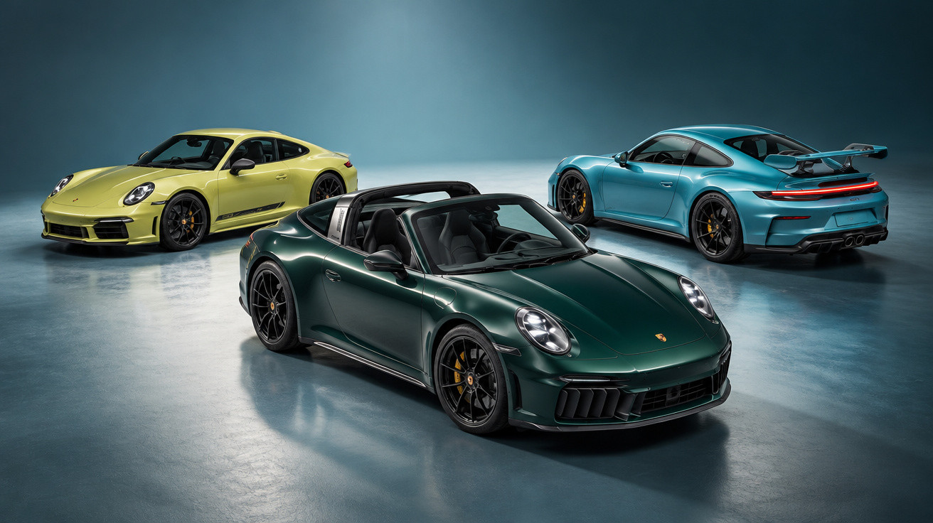 Drei sportliche Porsche 911 in Grün, Gelb und Blau in einem hellen Showroom, unterschiedliche Karosserievarianten.
