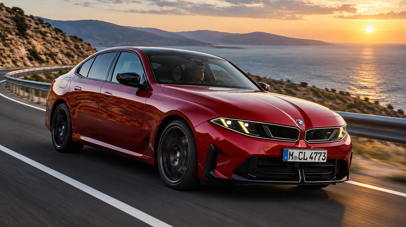 Roter BMW fährt kurvenreiche Küstenstraße bei Sonnenuntergang mit Meer und Bergen im Hintergrund.