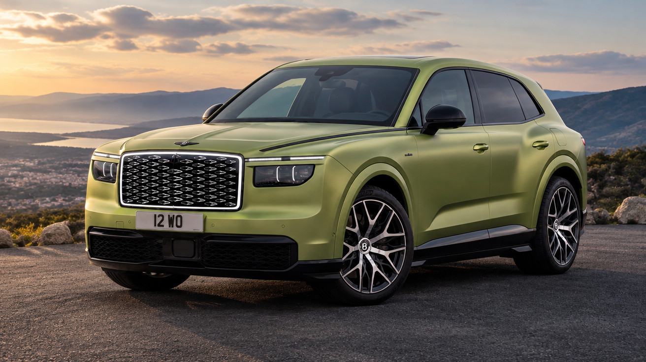 Grüner Bentley Bentayga SUV steht auf Bergstraße mit Sonnenuntergang und Bergpanorama im Hintergrund.