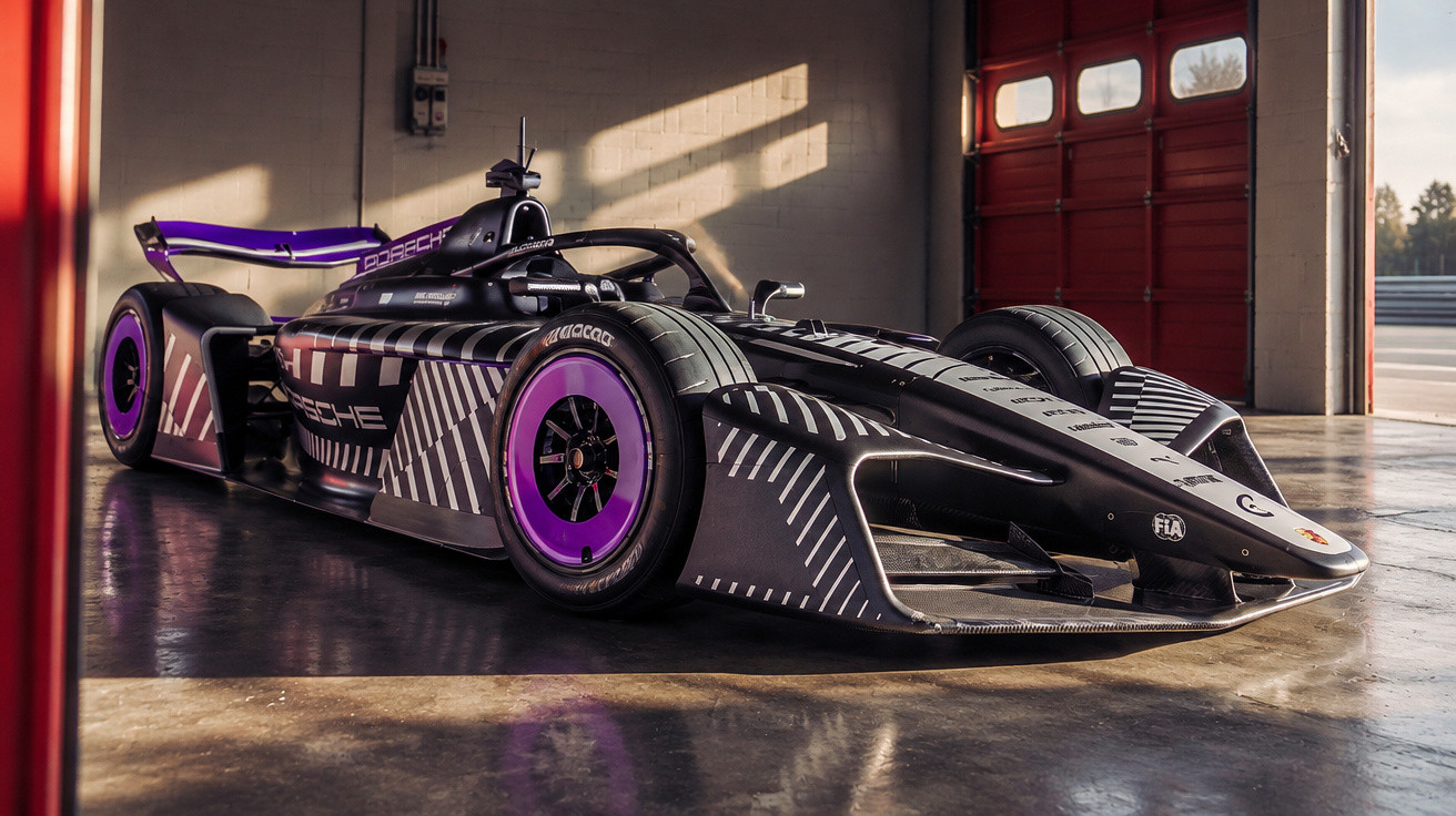 Schwarzes Porsche-Formel-E-Rennauto mit lila Reifen in einer Garage bei Sonnenlicht.