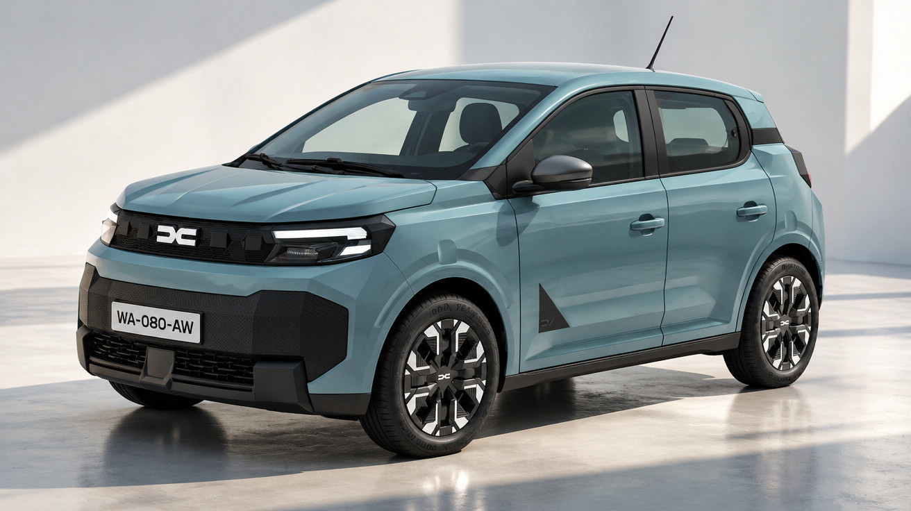 Blauer kompakter Elektro-Stadtauto mit schwarzem Dekor in hellem Raum, seitliche Frontansicht.