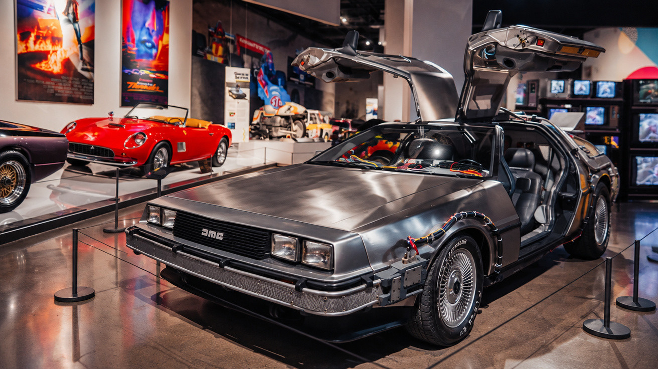 Silberner DeLorean Sportwagen mit geöffneten Flügeltüren und sichtbaren Kabeln im Ausstellungsraum eines Automuseums.