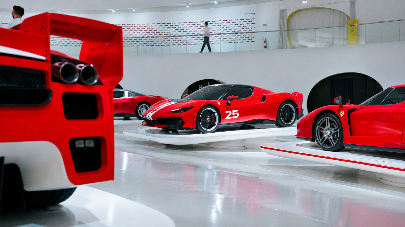 Rote Ferrari-Sportwagen in moderner Ausstellungshalle mit reflektierendem Boden und weißer Wand im Hintergrund.