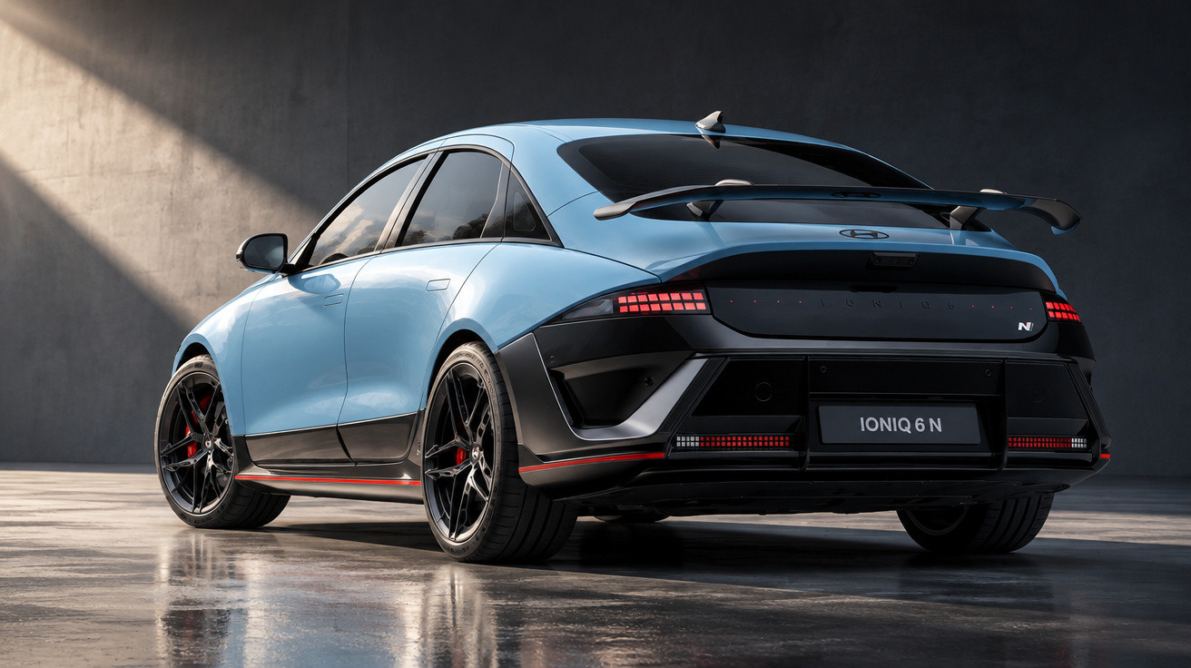 Blauer Hyundai Ioniq 6 N Elektro-Sportwagen von hinten in einer Industriehalle.