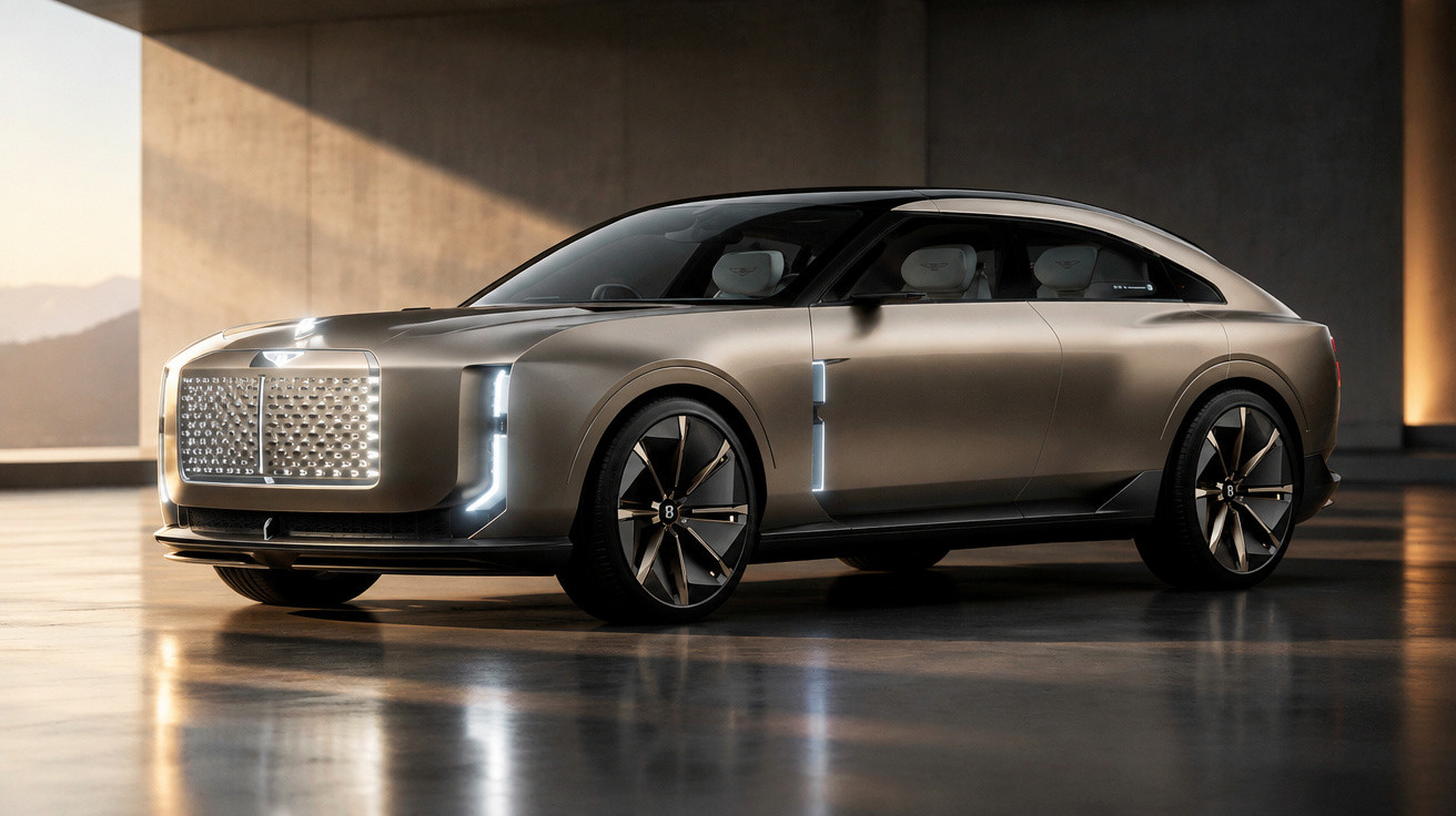 Elegantes, modernes Luxus-SUV in Metallic-Grau mit beleuchtetem Kühlergrill in einem Innenraum mit Betonwänden.