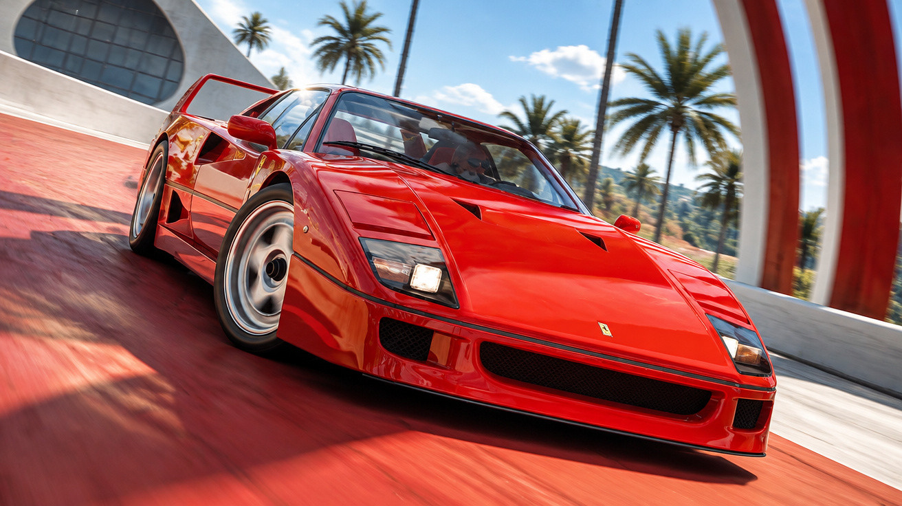 Roter Ferrari F40 fährt schnell auf roter Rennstrecke mit Palmen und moderner Architektur im Hintergrund.