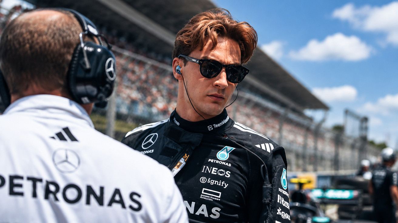 Formel-1-Fahrer in schwarzem Mercedes-Rennanzug mit Sonnenbrille steht auf der Rennstrecke neben Teammitglied.