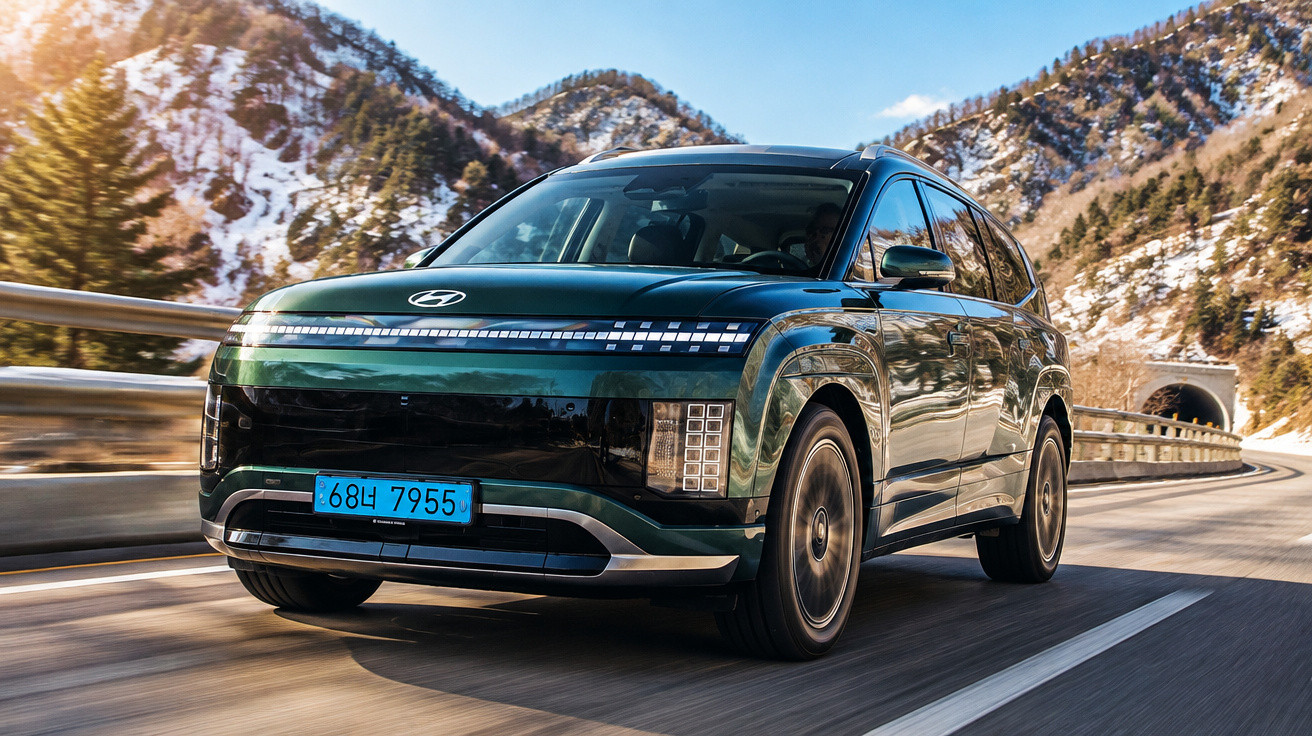 Hyundai Ioniq 5 Elektro-SUV fährt auf Bergstraße mit Schneehängen und Tunnel im Hintergrund.