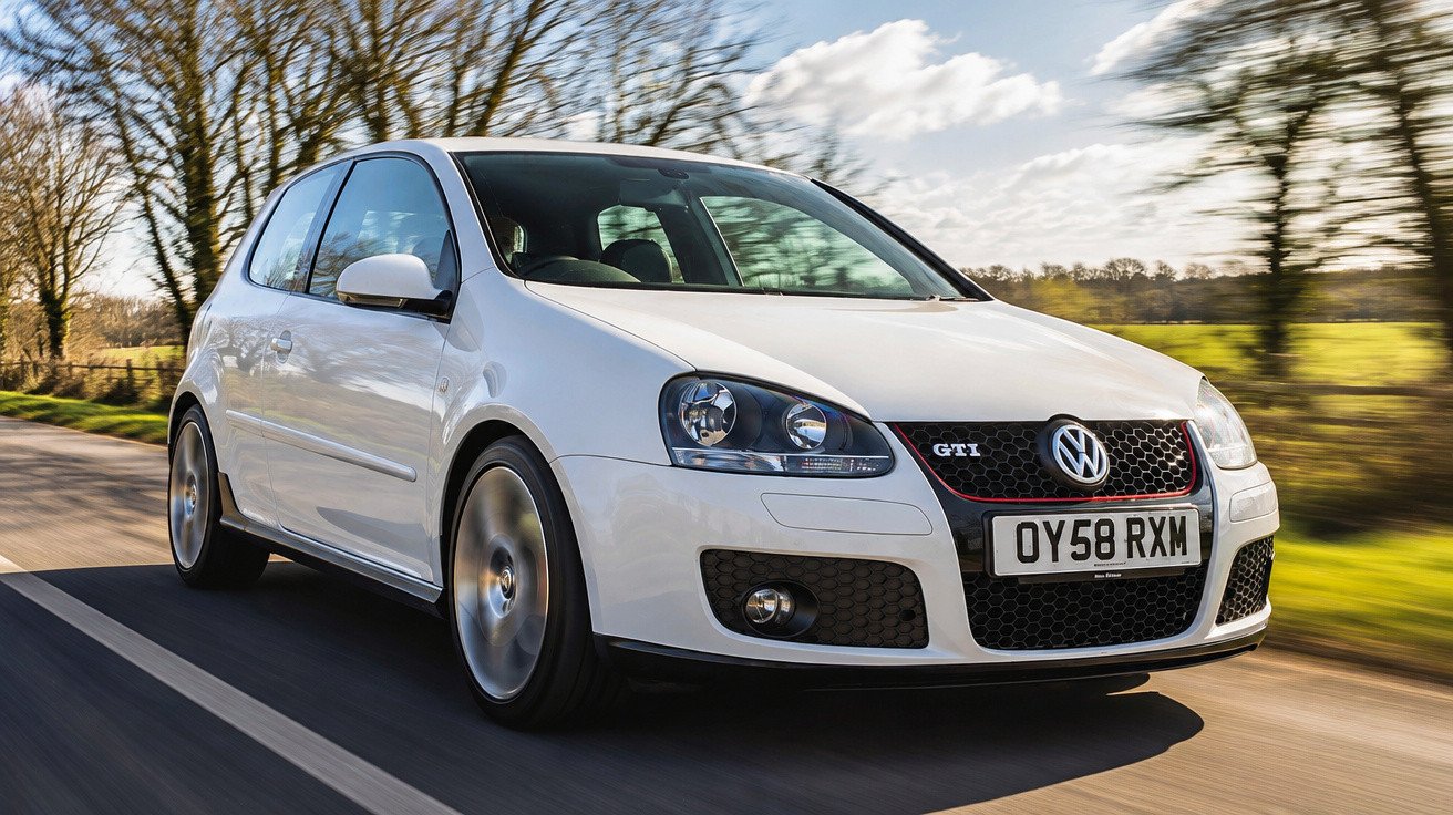 Weißer Volkswagen Golf GTI fährt auf Landstraße bei sonnigem Wetter mit Bäumen im Hintergrund.