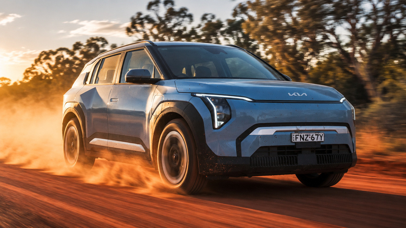 Blauer Kia SUV fährt schnell auf staubiger Offroad-Piste bei Sonnenuntergang in ländlicher Umgebung.