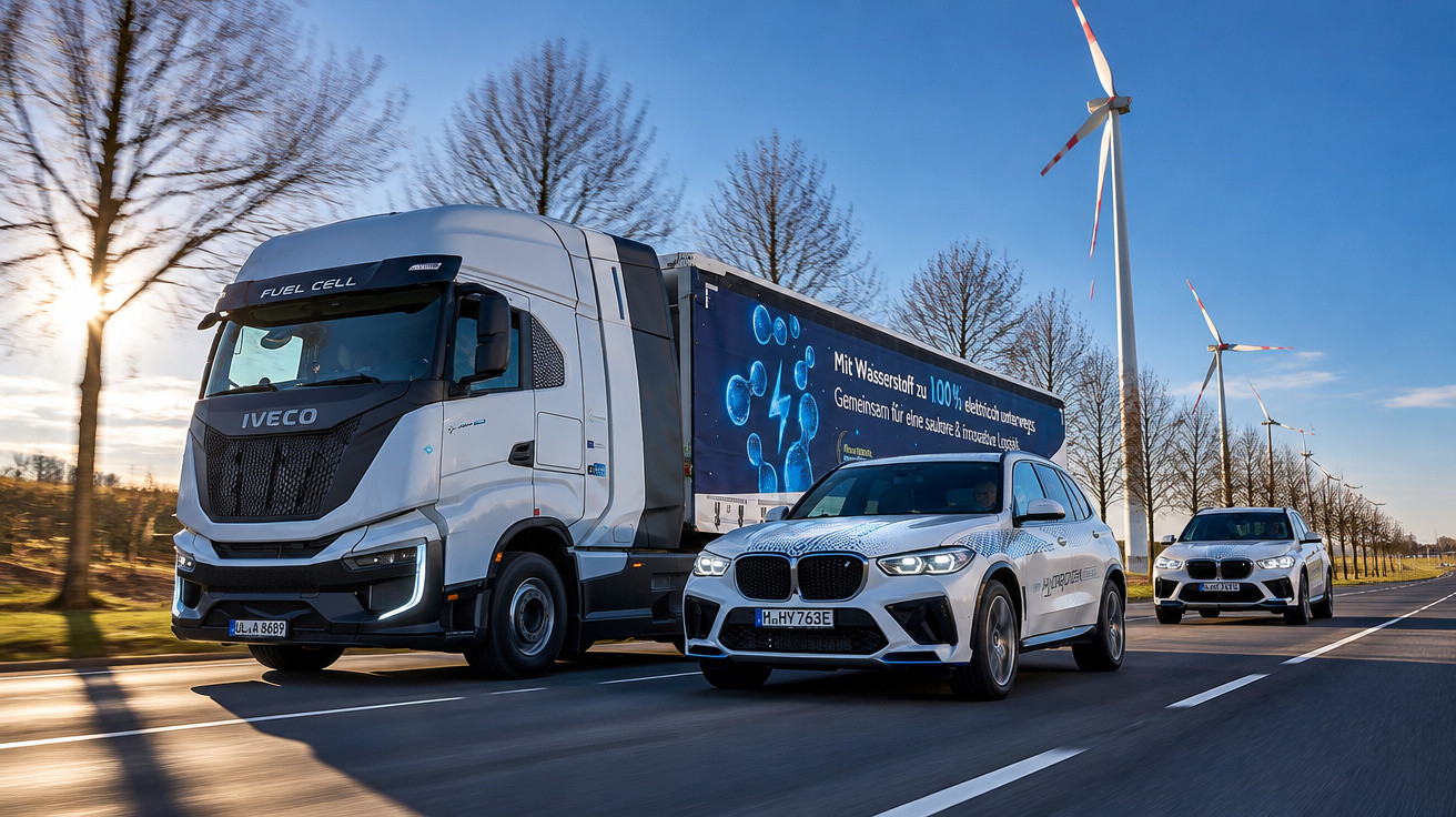 Wasserstoff-Lkw und zwei BMW Elektroautos fahren auf Landstraße mit Windrädern im Hintergrund.