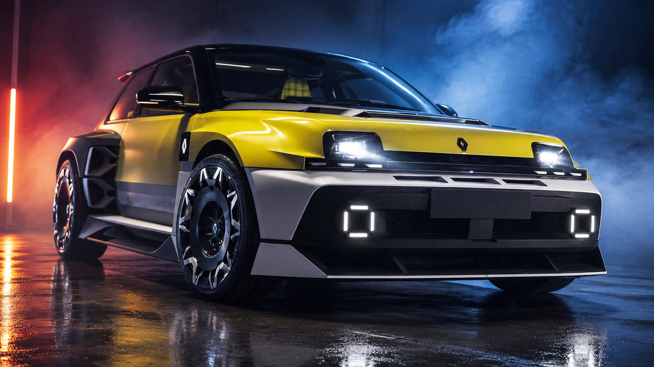Gelb-schwarzes Renault Sportwagenmodell mit beleuchteten Scheinwerfern in nebliger, dunkler Umgebung.