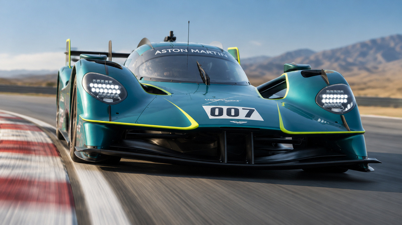 Grüner Aston Martin Rennwagen mit der Nummer 007 fährt schnell auf einer Rennstrecke bei klarem Himmel.