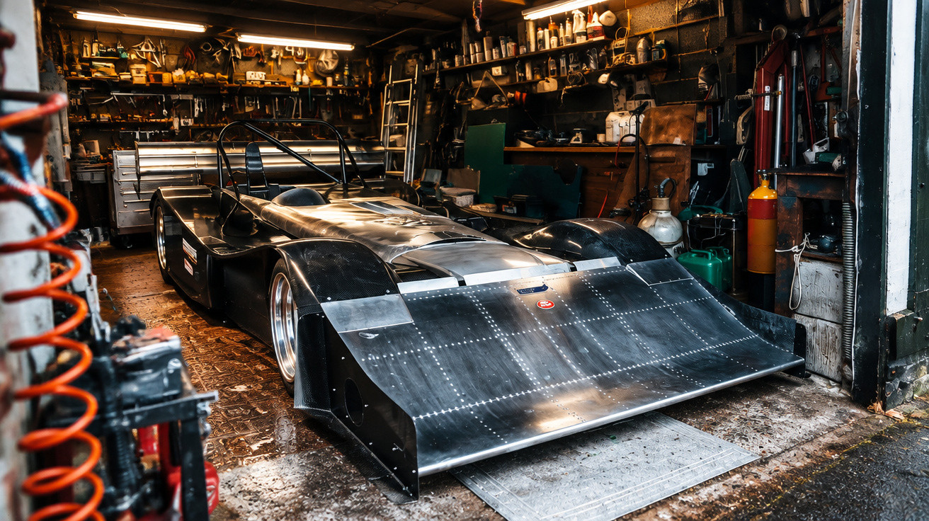 Metallischer Rennwagen mit großer Frontlippe in einer vollgestellten Werkstatt.