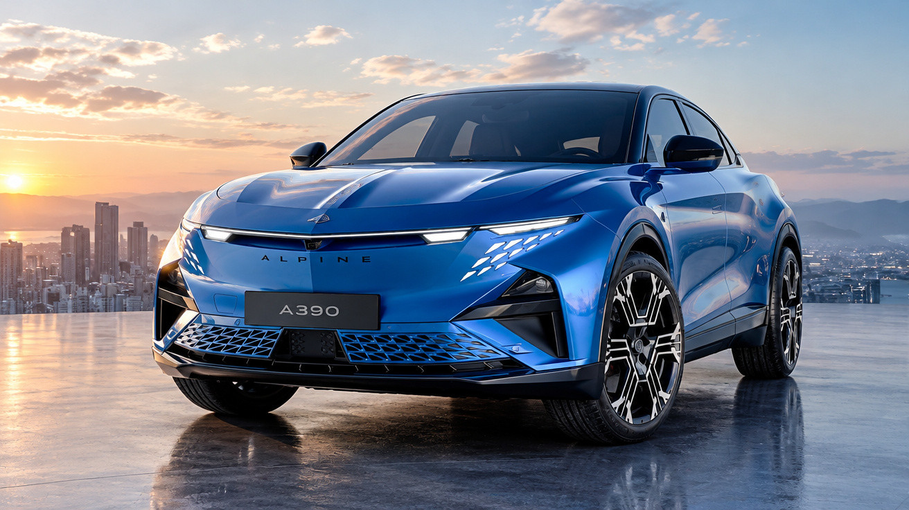 Blaues Alpine A390 Elektro-SUV bei Sonnenuntergang auf Dach mit Stadtblick im Hintergrund.