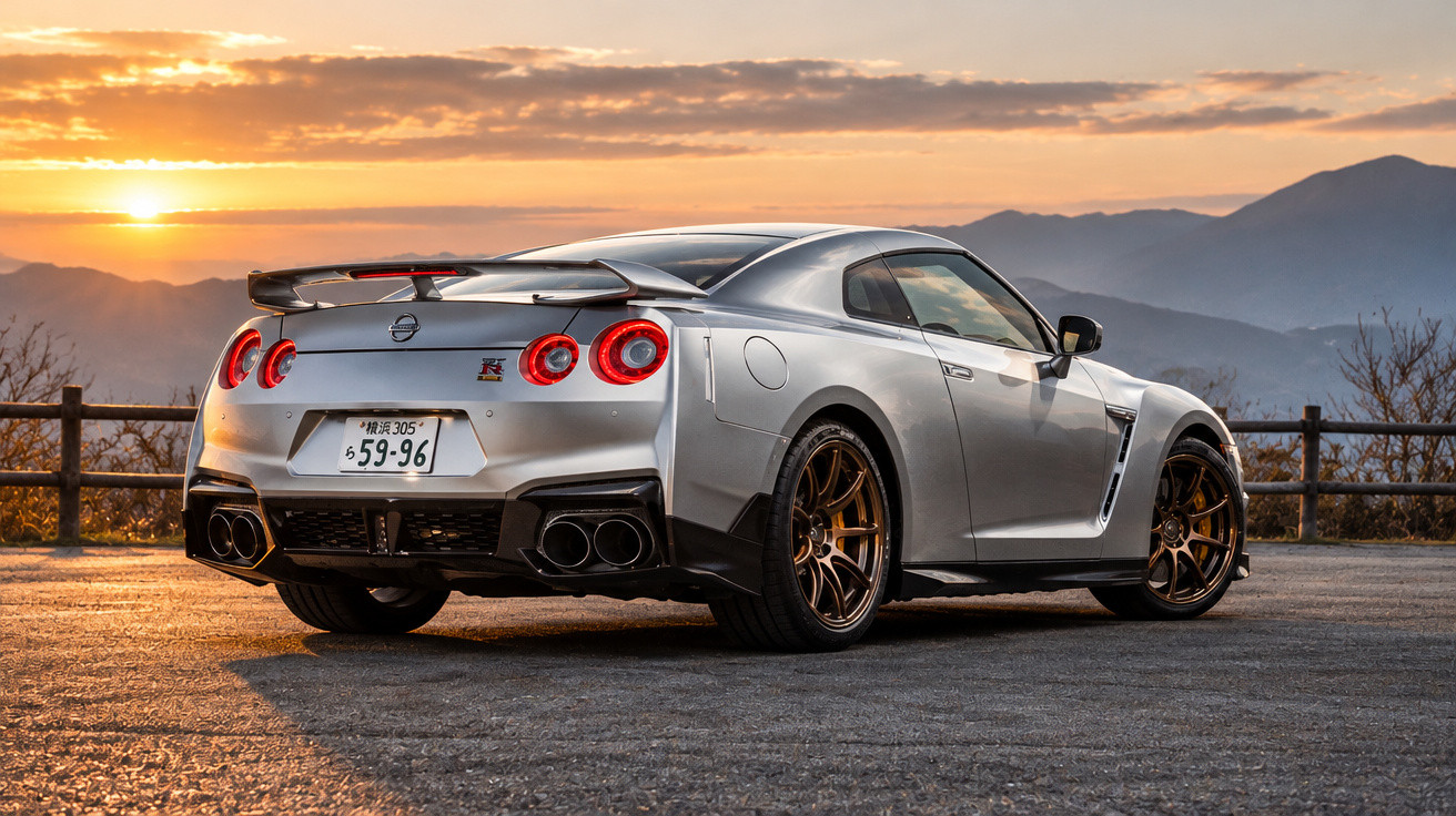 Silberner Nissan GT-R Sportwagen geparkt vor Berglandschaft bei Sonnenuntergang.
