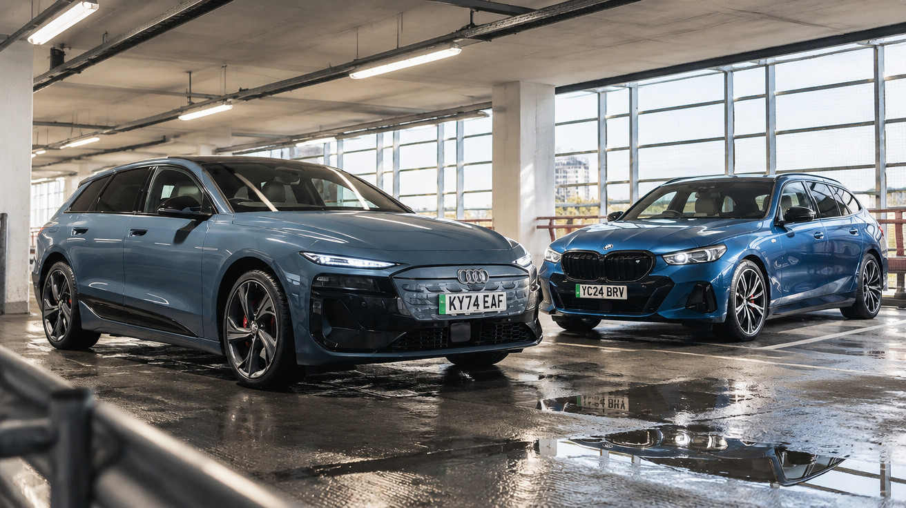 Zwei moderne Kombi-Autos, Audi und BMW, stehen in einer überdachten Parkgarage auf nassem Boden.