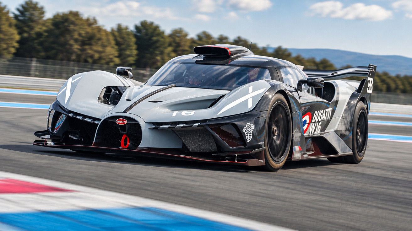 Bugatti Bolide Supersportwagen in Grau fährt auf Rennstrecke bei Sonnenschein.