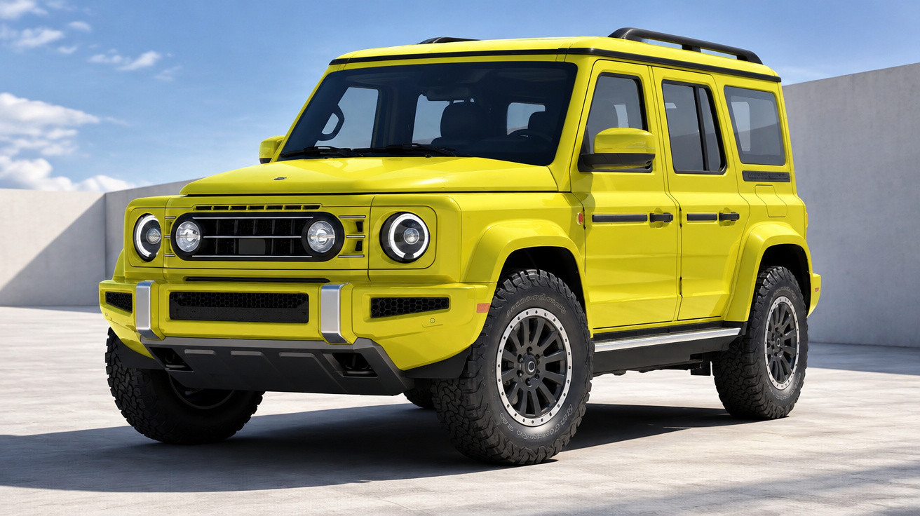 Gelbes modernes SUV mit robustem Design auf Asphalt vor weißer Wand und blauem Himmel.