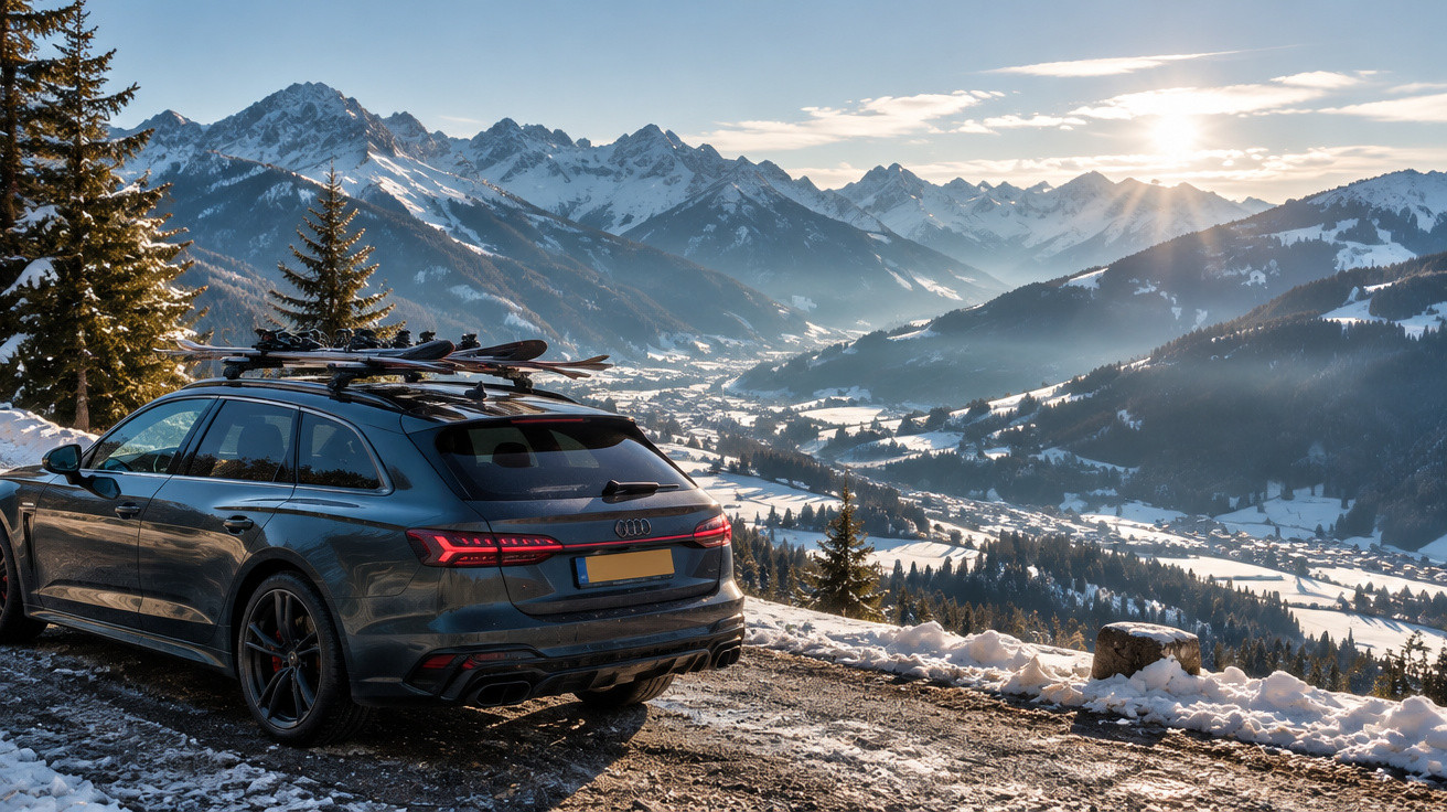 Audi Kombi mit Skiern auf dem Dach steht auf verschneiter Bergstraße mit Alpenpanorama im Sonnenlicht.