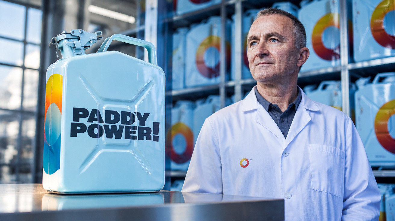 Mann in weißem Kittel neben weißem Kanister mit Aufschrift „PADDY POWER!“ in Lagerhalle.
