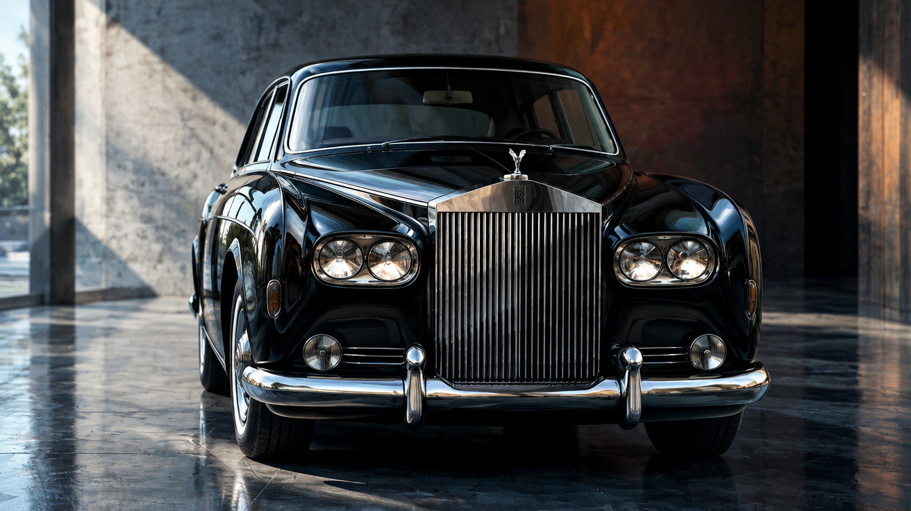 Schwarzer klassischer Rolls-Royce Oldtimer geparkt in einer modernen Halle mit glänzendem Boden.