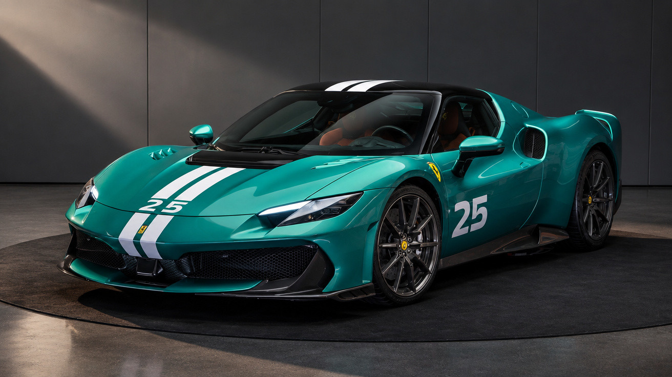 Grüner Ferrari Sportwagen mit weißem Rennstreifen und der Nummer 25 auf Boden und Wand im Studio.