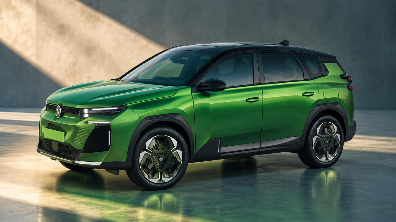 Grüner moderner SUV steht in einem hellen, minimalistischen Raum mit Betonwänden und Boden.