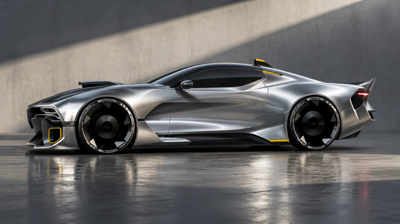 Seitenansicht eines silbernen, futuristischen Sportwagens mit schwarzen und gelben Akzenten in einer Garage.