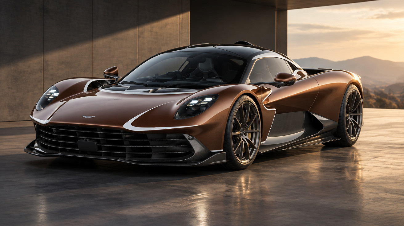 Brauner sportlicher Aston Martin Supersportwagen in moderner Architektur bei Sonnenuntergang.
