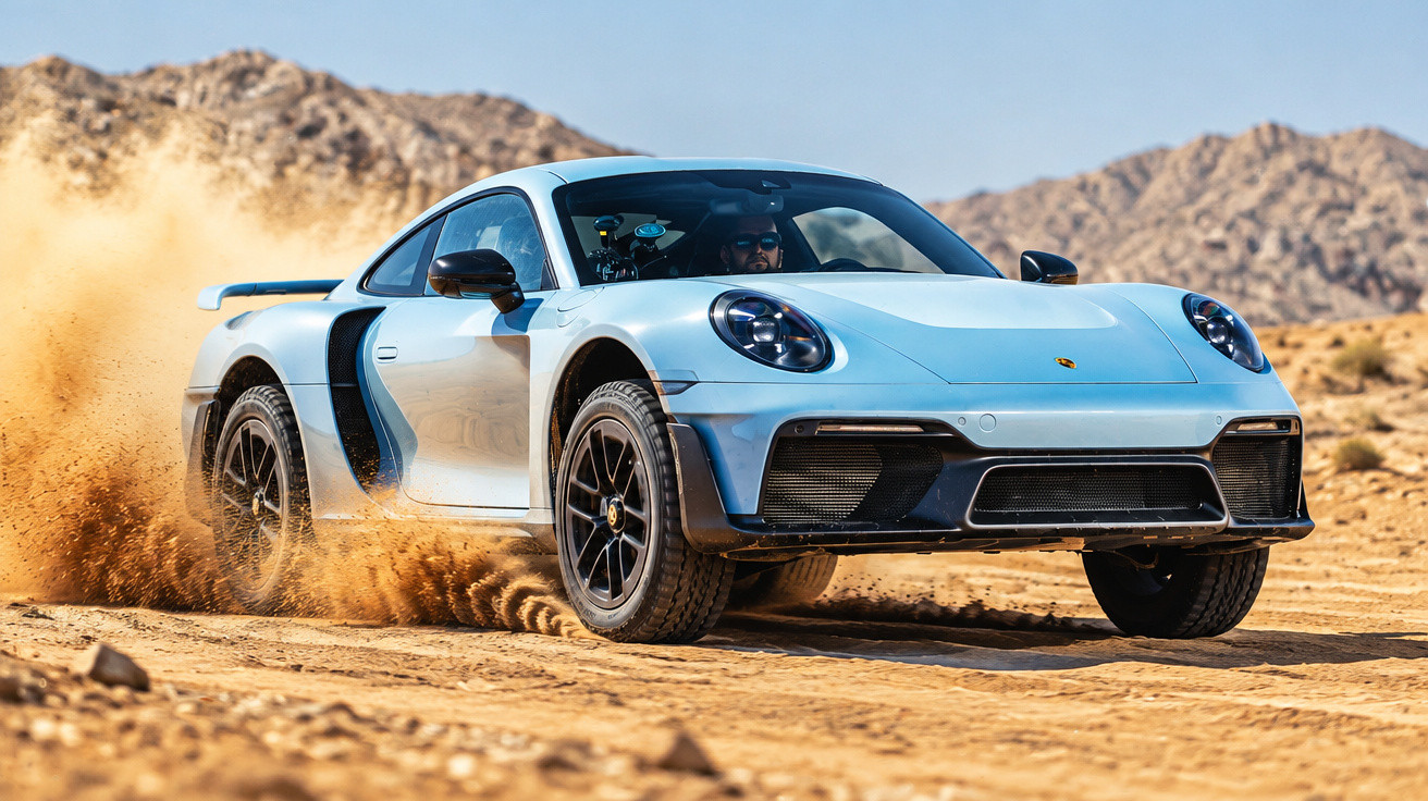 Blauer Porsche fährt mit Staubaufwirbelung auf sandiger Wüstenstrecke vor Gebirgslandschaft.