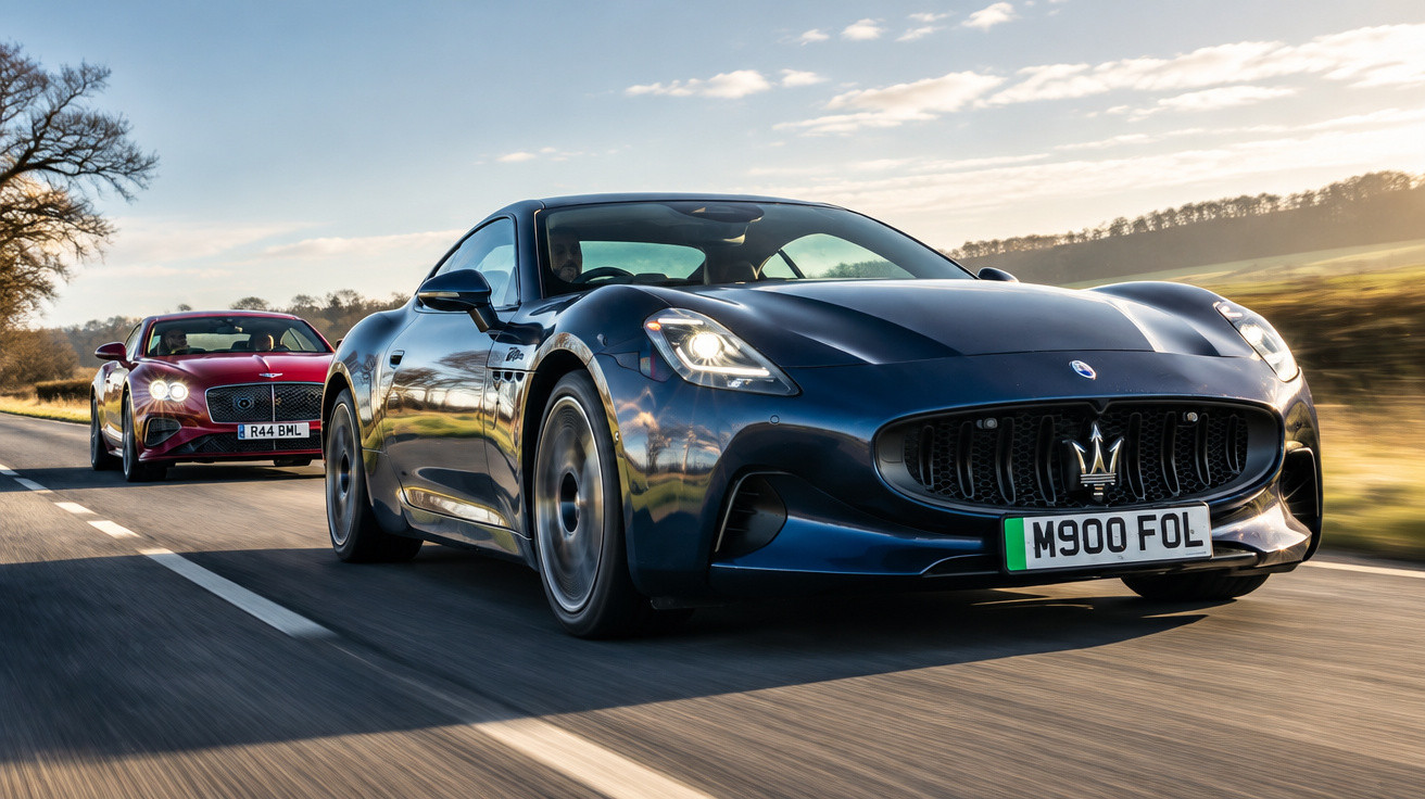 Blauer Maserati Sportwagen fährt auf Landstraße, rotes Auto folgt im Hintergrund bei Sonnenuntergang.