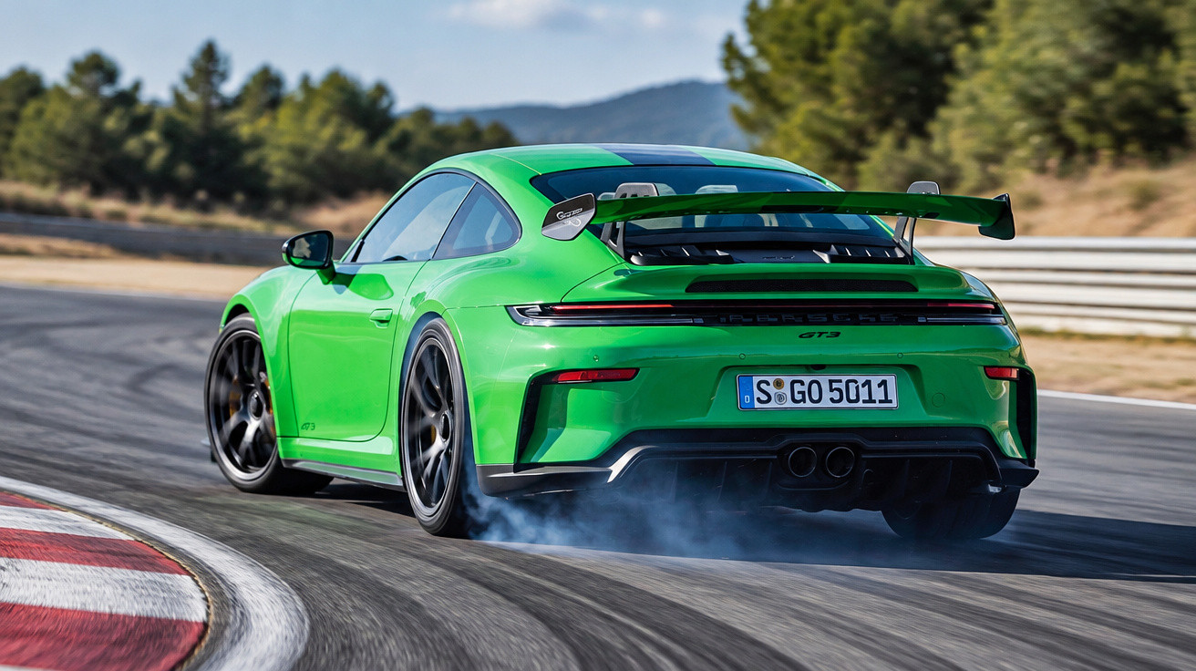 Grüner Porsche 911 GT3 driftet auf Rennstrecke mit Reifenqualm und Heckspoiler in Kurve vor Waldkulisse.