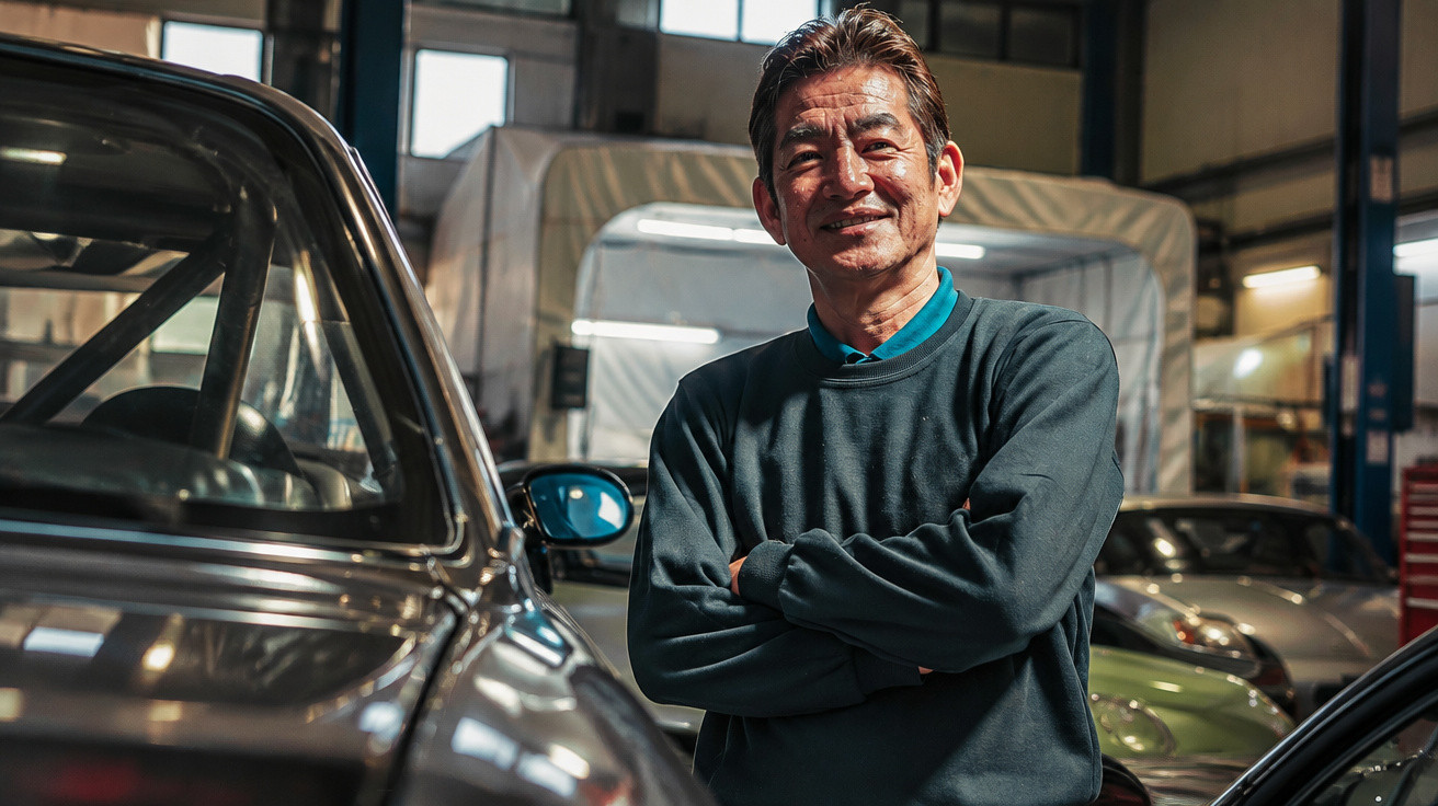 Älterer Mann mit verschränkten Armen steht lächelnd in einer Autowerkstatt neben einem Oldtimer.
